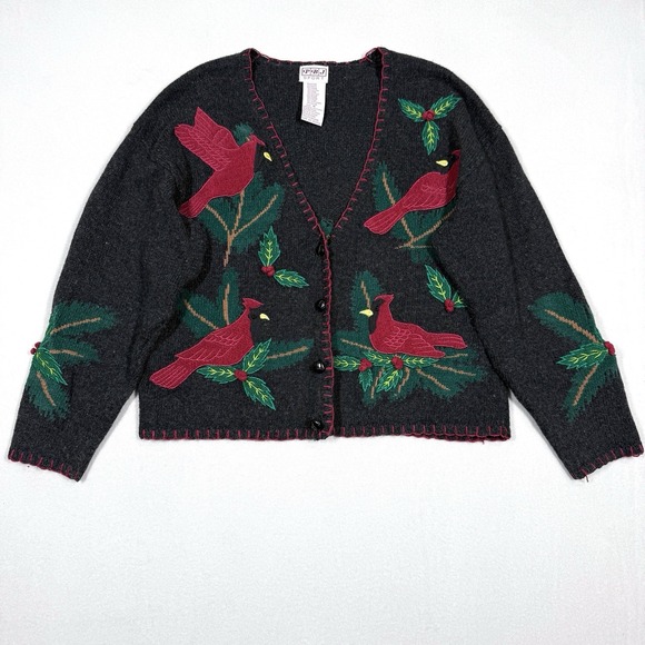 PBJ Sport Sweaters - Vintage Christmas Sweater Women Medium Cardigan Cardinal Holly Embroidered 90s